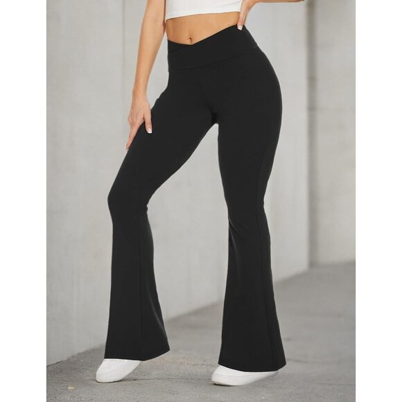 Black Flare Leggings for Women, Crossover Yoga Pants with Pockets Bootcut Flared - Picture 5 of 5
